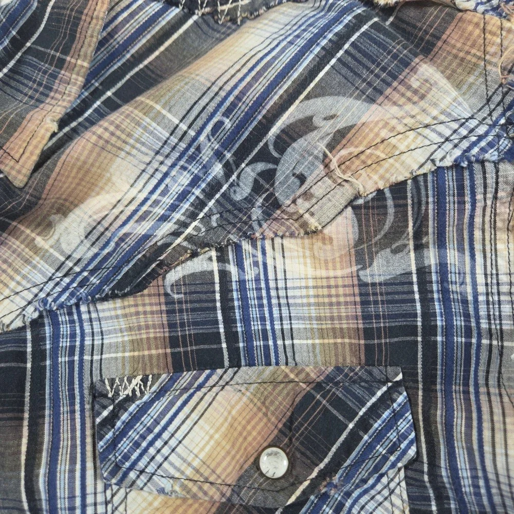 BKE Slim Fit Mens Western Snap Shirt XL Plaid Distressed Embroidered Blue Tan